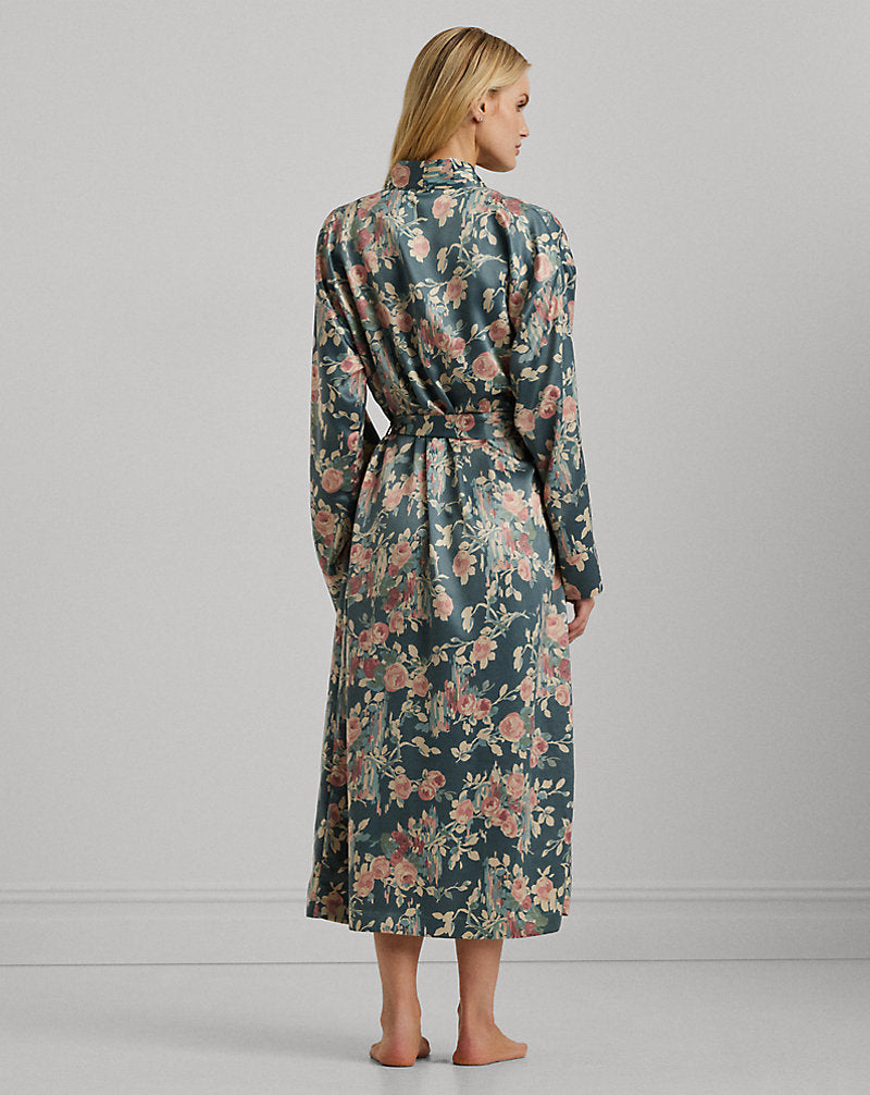 Floral Belted Satin Long Robe Sage