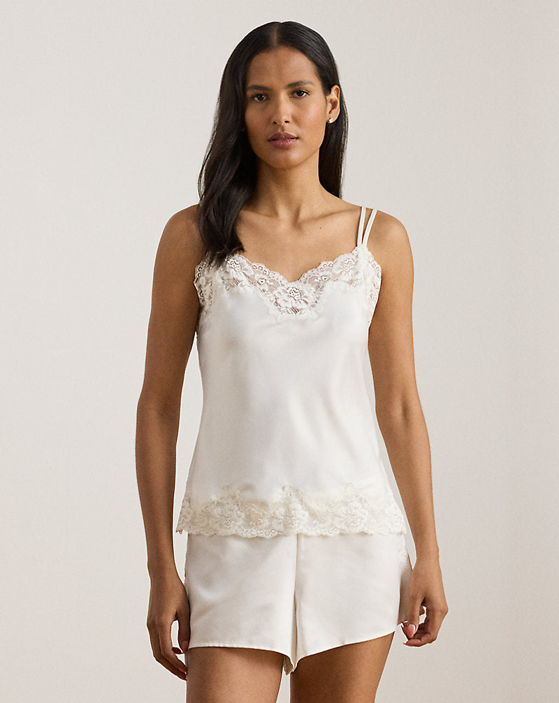 Lace-Trim Satin Camisole Sleep Set Ivory