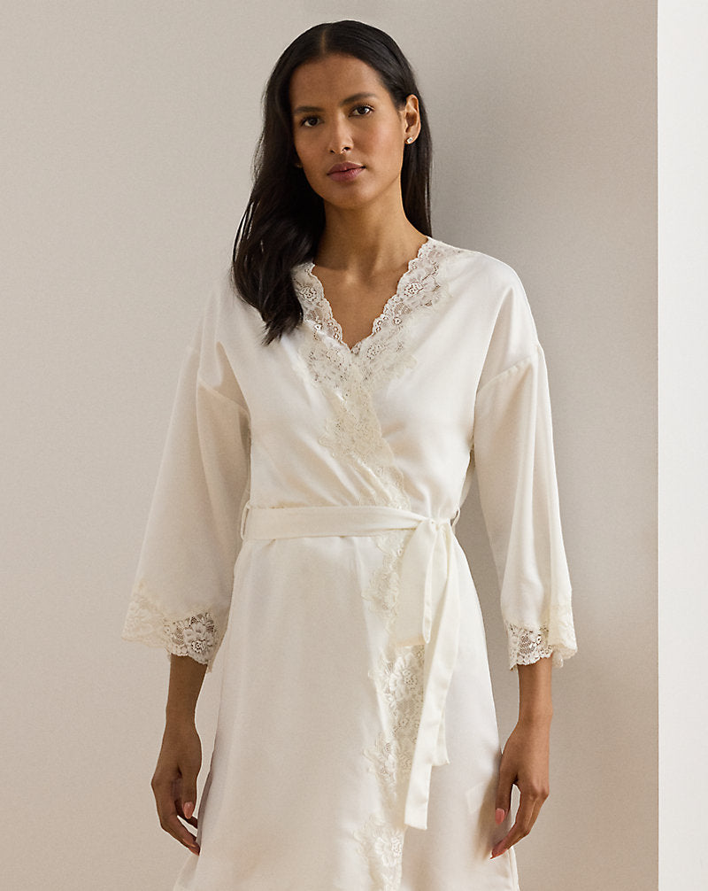 Lace-Trim Satin Robe Ivory