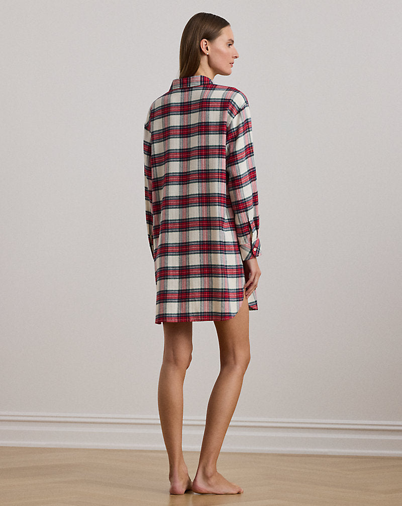 Plaid Herringbone Twill Sleep Shirt Cream Plaid