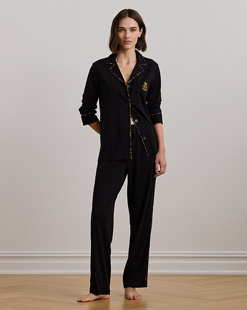Leopard-Print-Trim Jersey Sleep Set Black