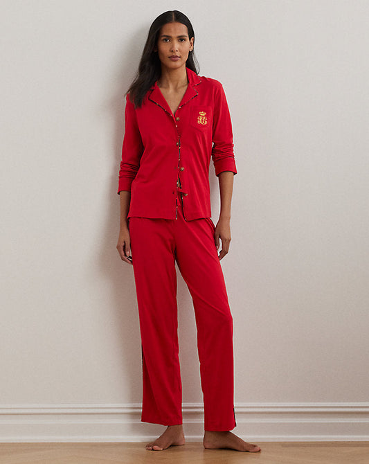 Plaid-Trim Jersey Sleep Set Red