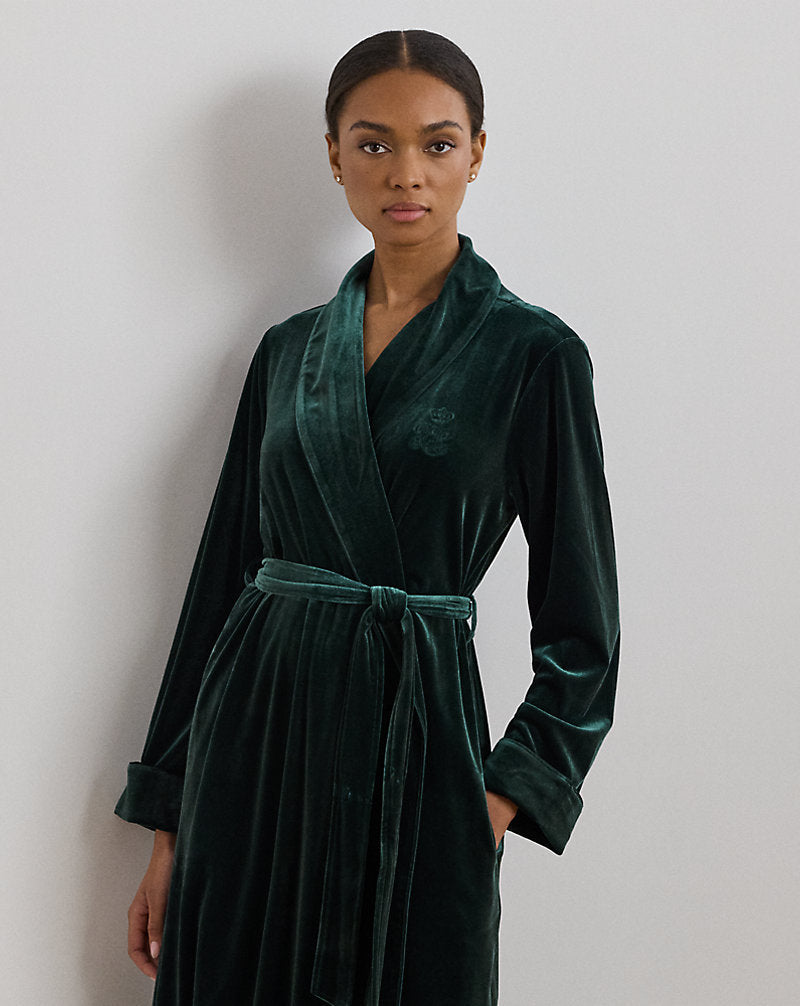 Velvet Long Shawl-Collar Robe Emerald