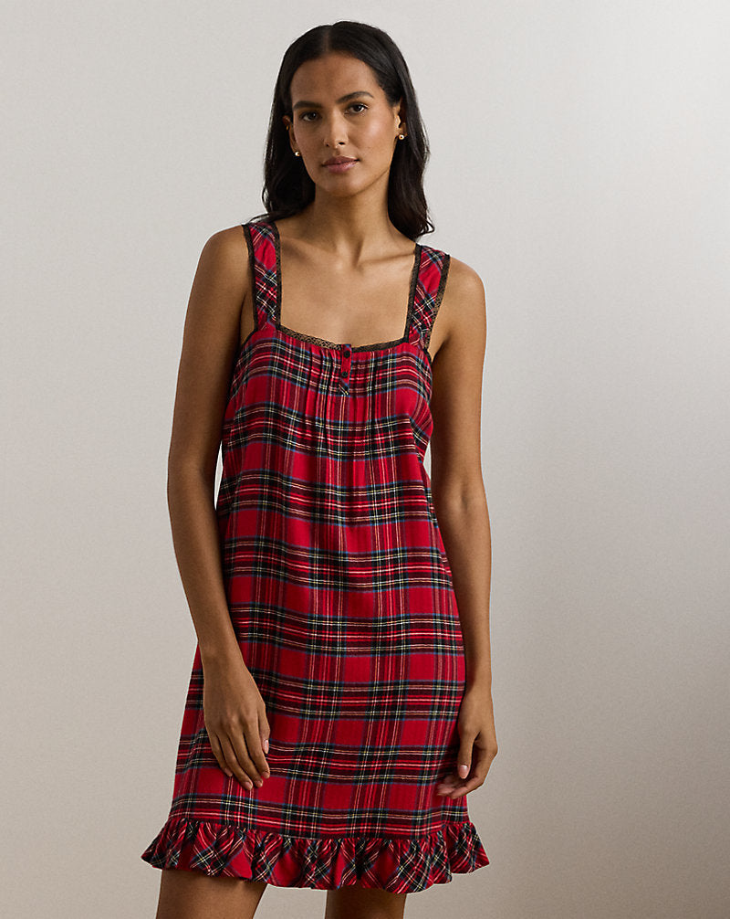 Plaid Lace-Trim Brushed Twill Nightgown Red Print