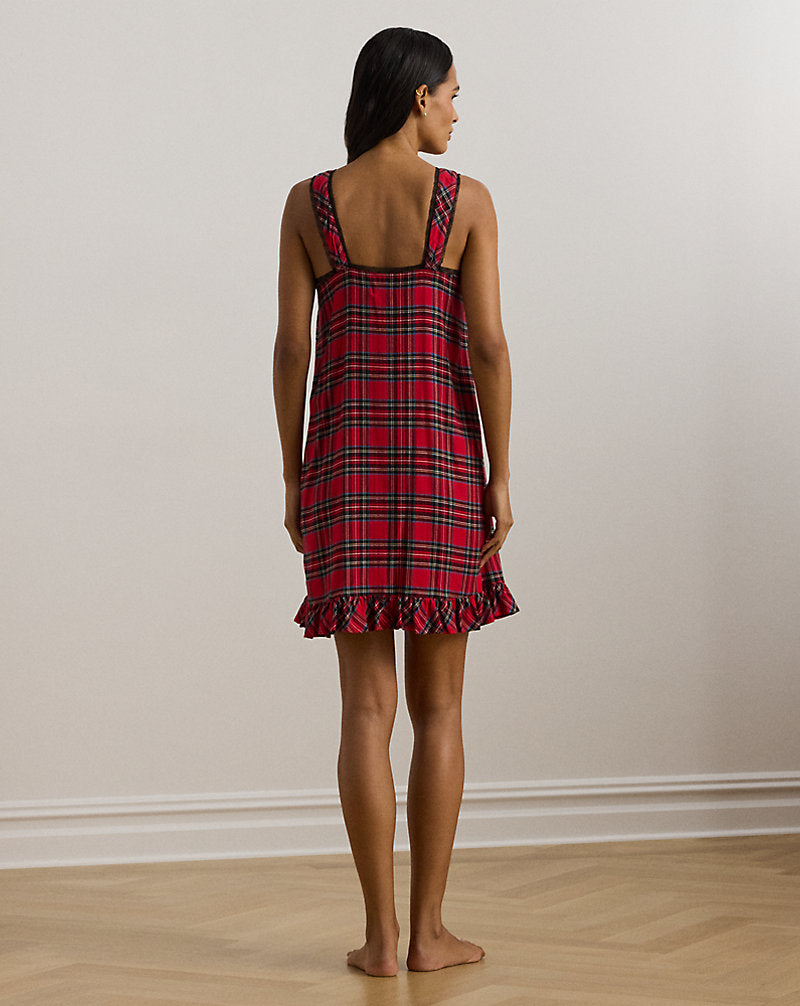 Plaid Lace-Trim Brushed Twill Nightgown Red Print