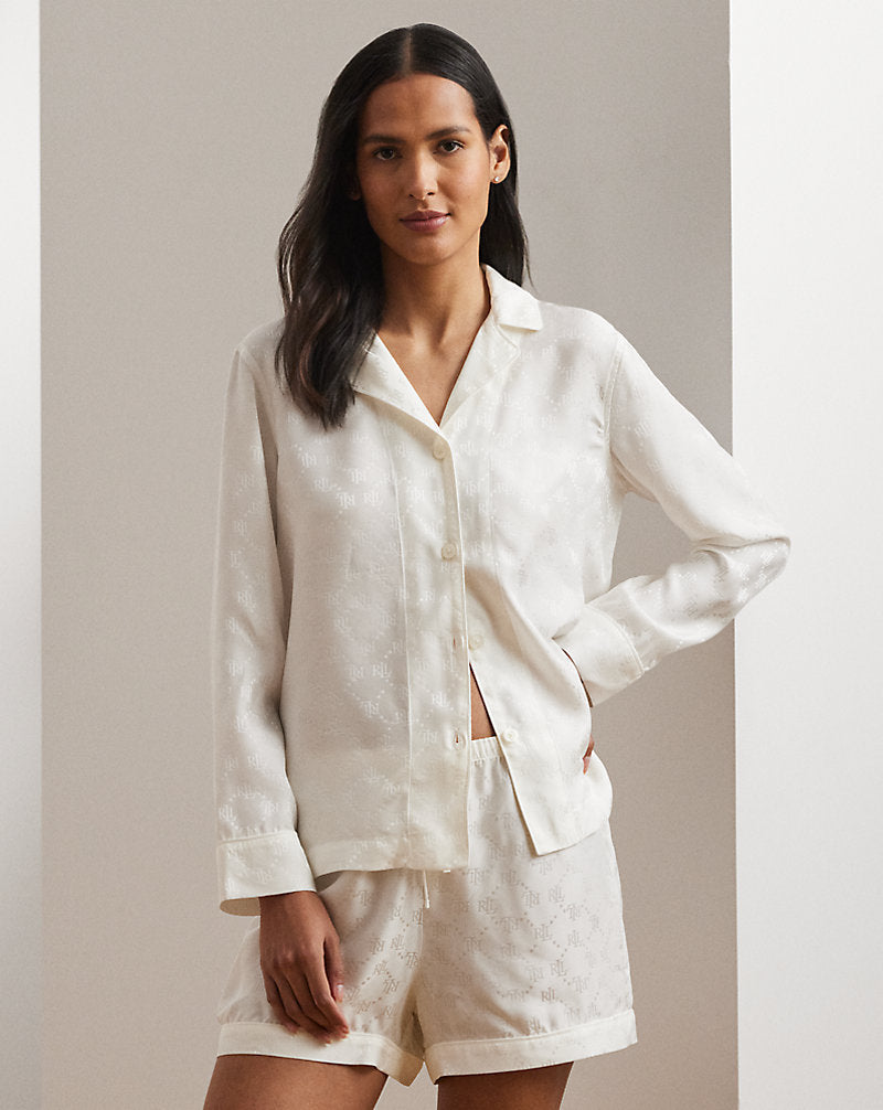 Logo Silk Satin Jacquard Boxer Sleep Set Ivory