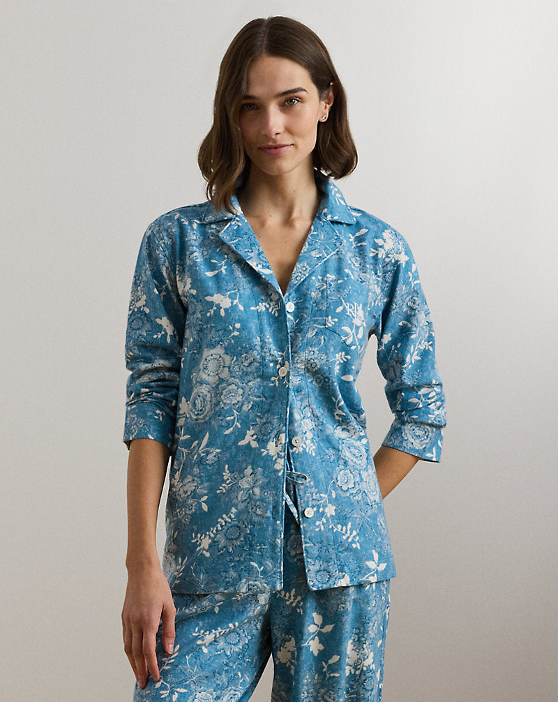 Floral Cotton-Blend Twill Sleep Set Blue Floral