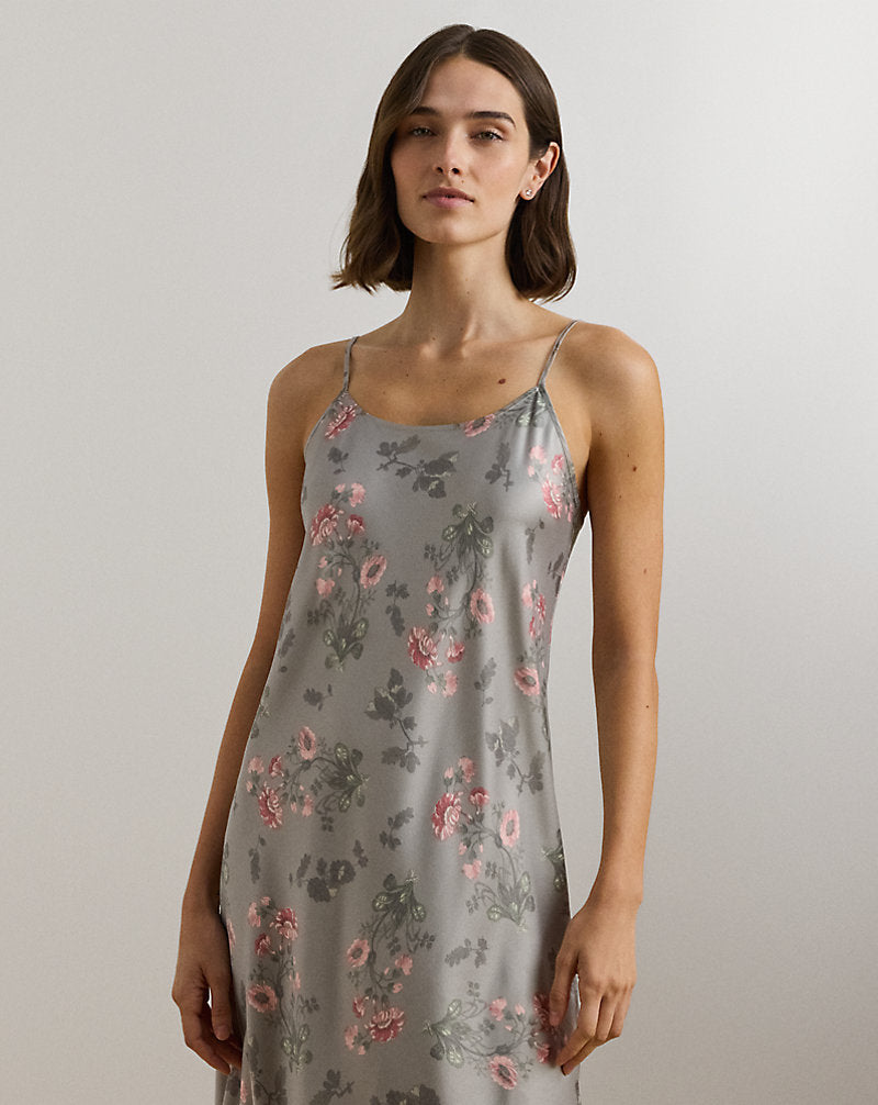 Floral Satin Ballet Nightgown Grey Print