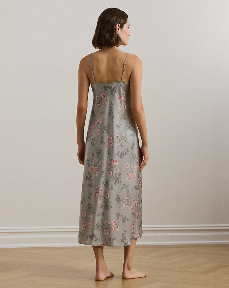 Floral Satin Ballet Nightgown Grey Print