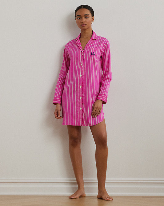 Striped Cotton-Blend Sateen Sleep Shirt Pink Stripe