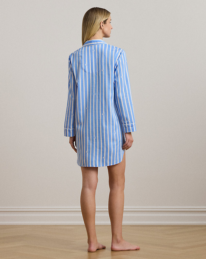 Logo Striped Sateen Sleep Shirt Blue Print