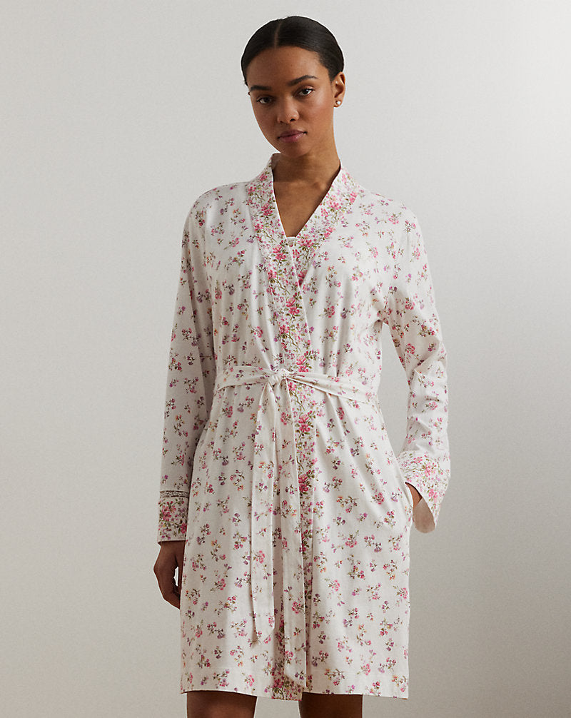 Lace-Trim Floral Cotton Jersey Robe Ivory Floral