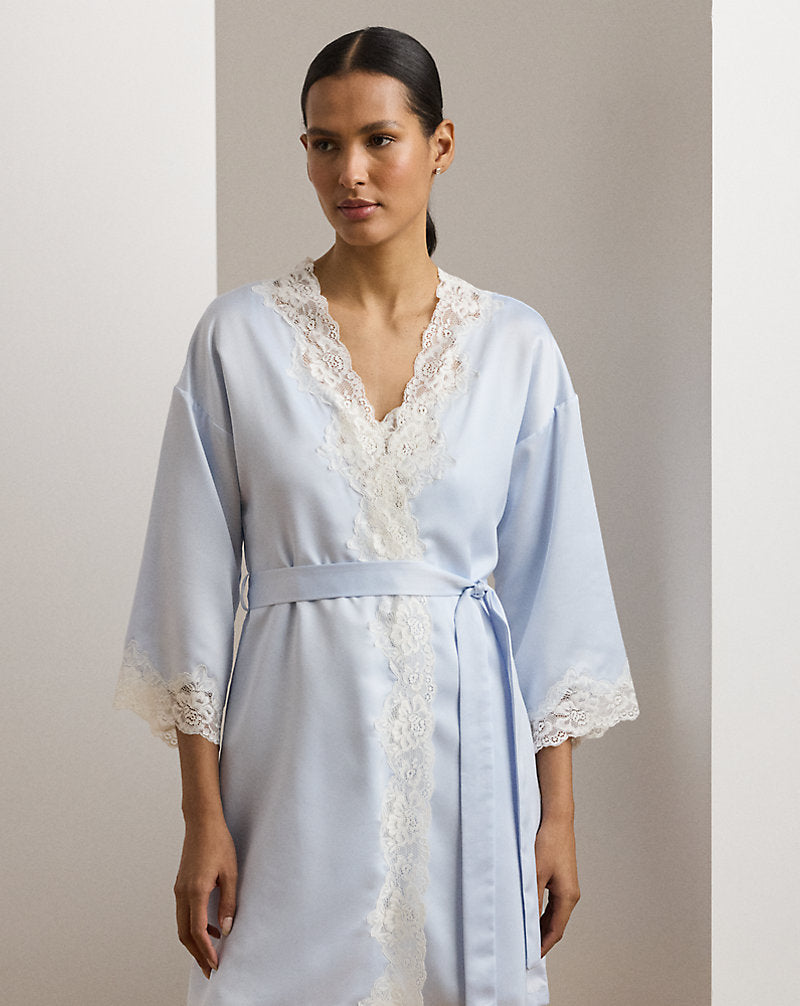 Lace-Trim Satin Robe Blue
