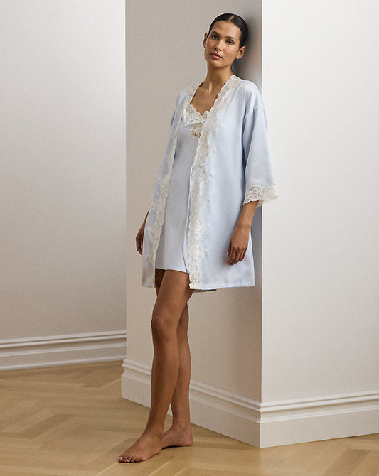 Lace-Trim Satin Robe Blue