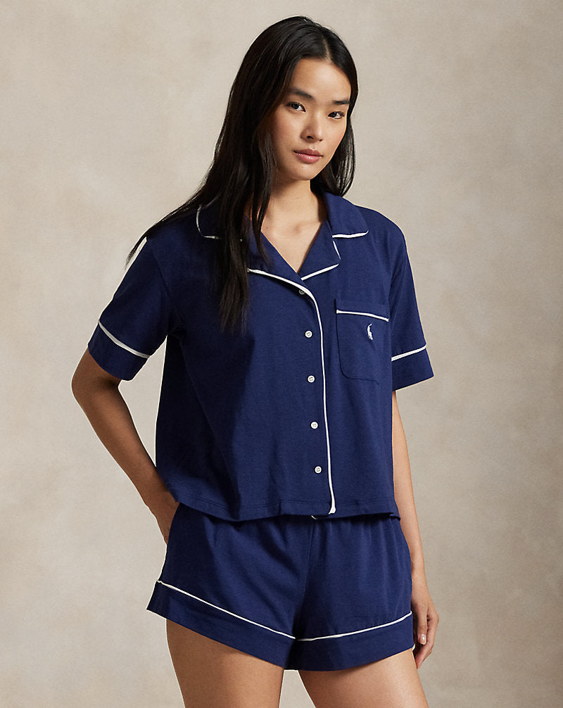 Piped Jersey Short-Sleeve Pyjama Set Navy