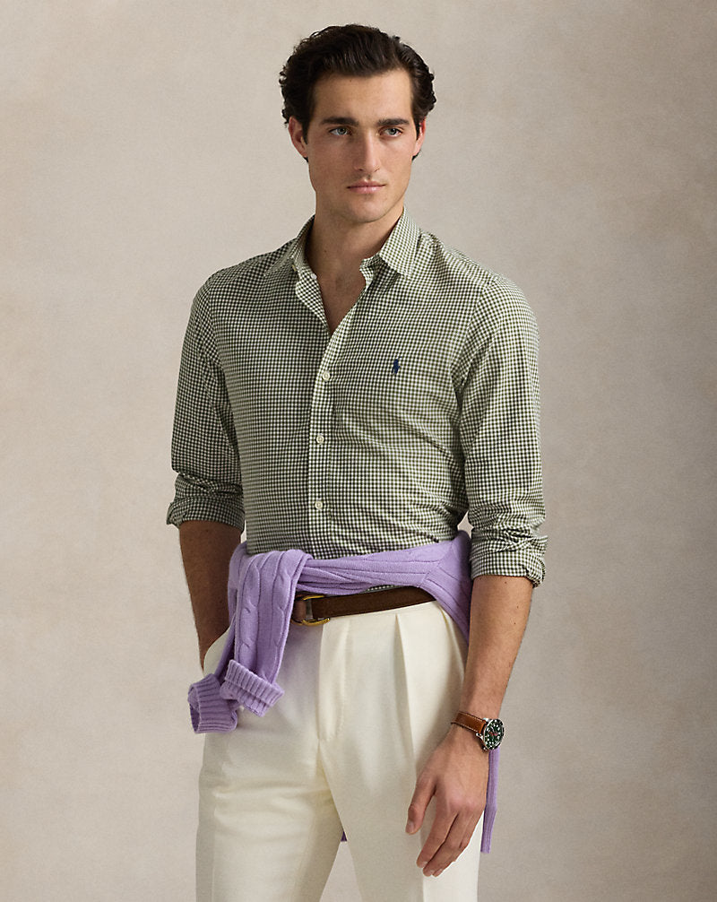 Slim Fit Gingham Stretch Poplin Shirt Garden Trail White