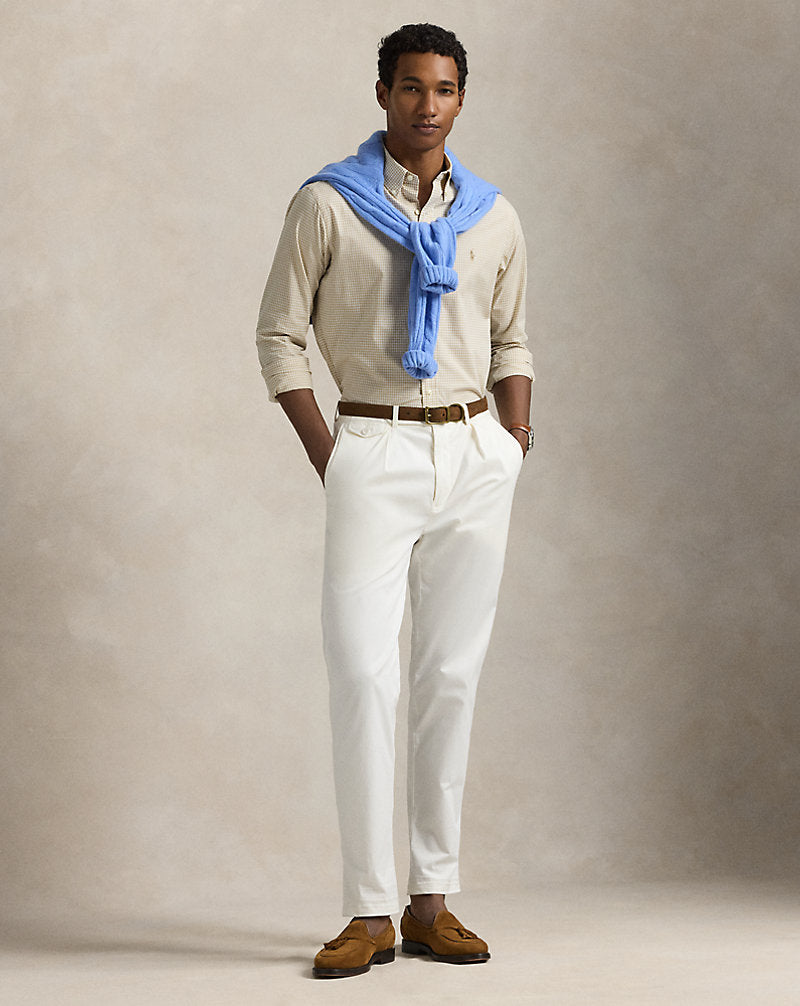 Custom Fit Gingham Stretch Poplin Shirt Coastal Beige/White
