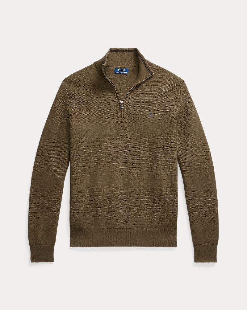 Mesh-Knit Cotton Quarter-Zip Jumper Cargo Olive Hthr