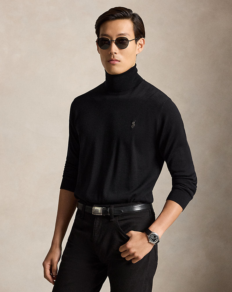 Washable Wool Roll Neck Jumper Polo Black
