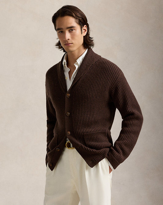 Textured Wool-Cashmere Shawl Cardigan Dark Roast Melange