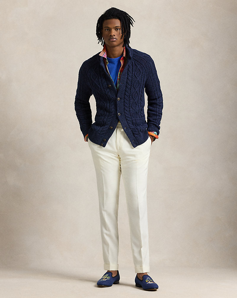 Aran-Knit Marled Cotton Cardigan Navy Combo
