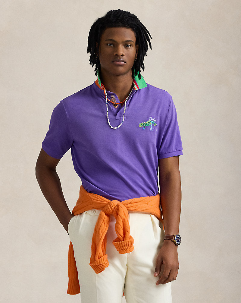 Classic Fit Embroidered Mesh Polo Shirt Tie Purple