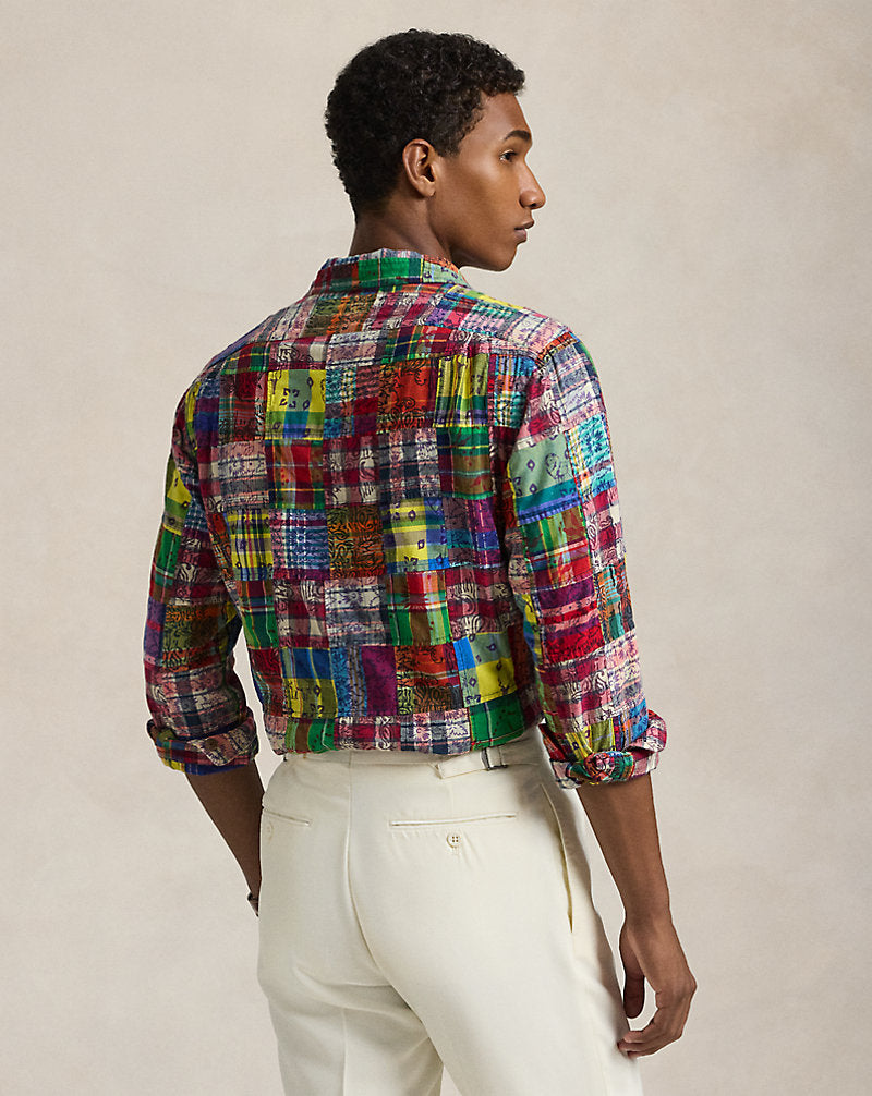 Classic Fit Patchwork Madras Camp Shirt Block Print Patchwor