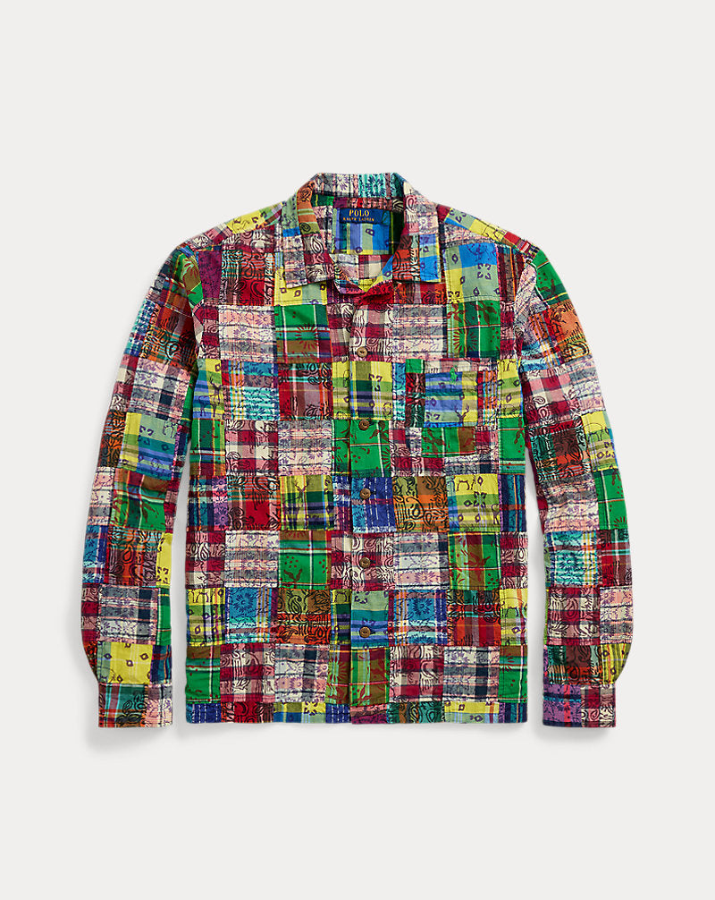 Classic Fit Patchwork Madras Camp Shirt Block Print Patchwor