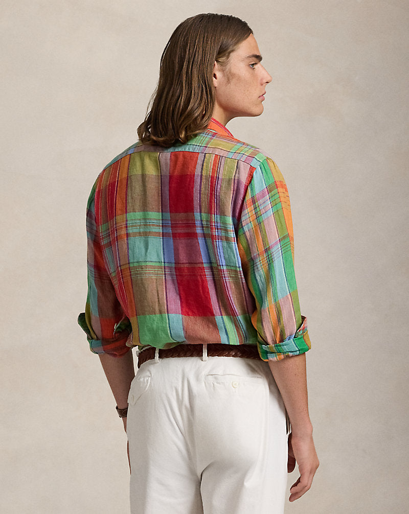 Classic Fit Plaid Linen Workshirt Red Orange Multi