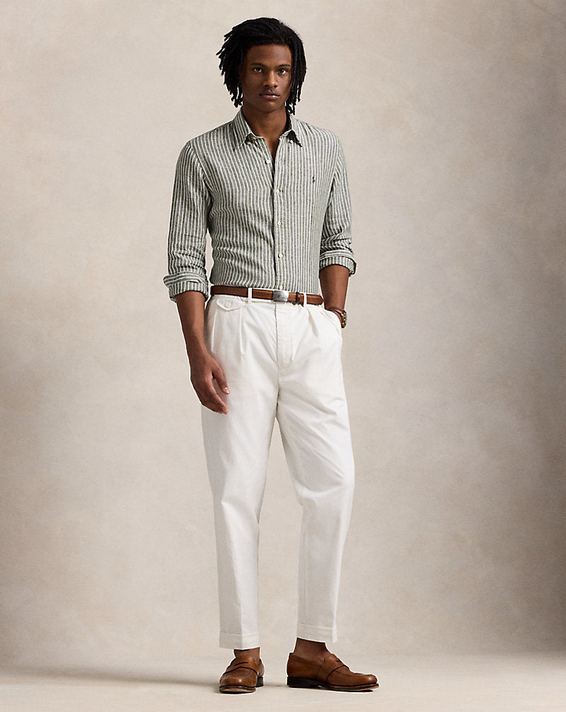 Custom Fit Striped Linen Shirt New Olive White