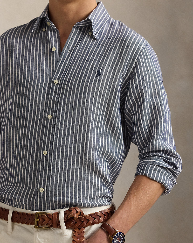 Custom Fit Striped Linen Shirt Newport Navy White