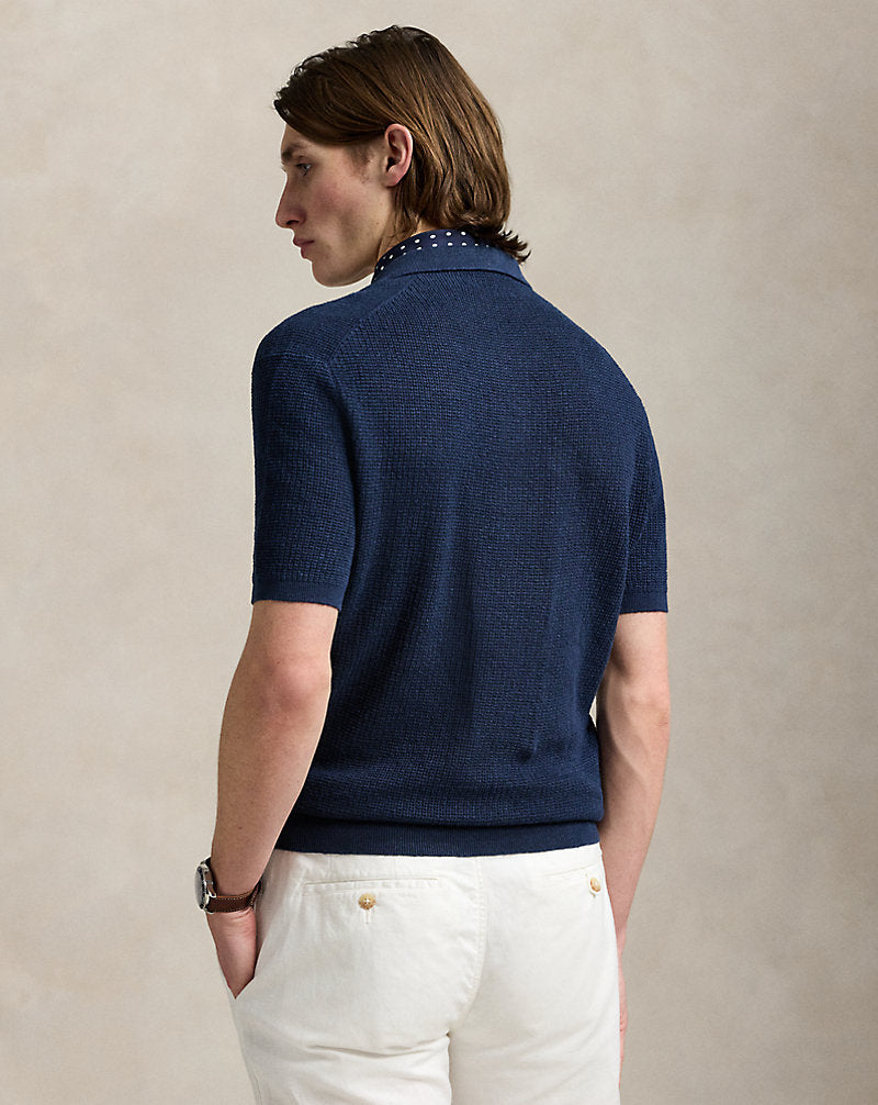 Mesh-Knit Linen Short-Sleeve Jumper Blue