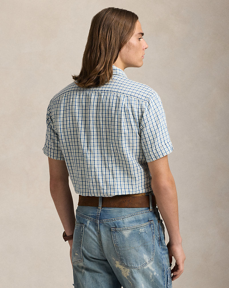 Classic Fit Plaid Cotton-Linen Shirt Indigo Cream