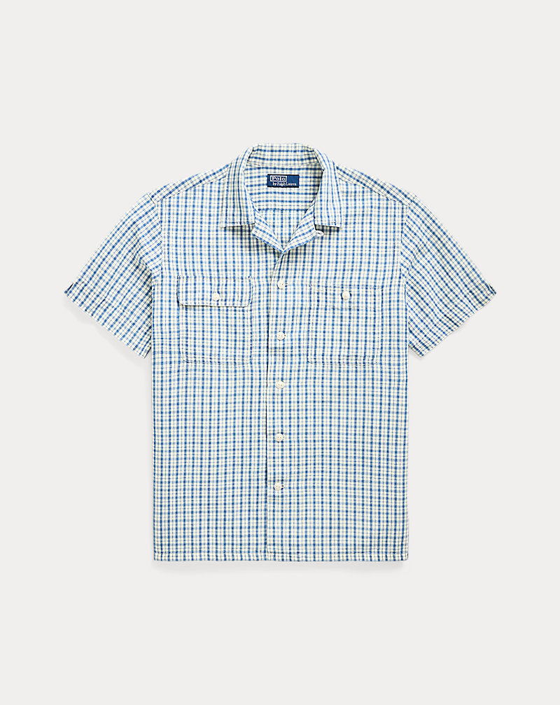 Classic Fit Plaid Cotton-Linen Shirt Indigo Cream