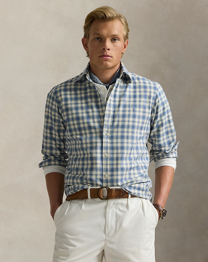 Custom Fit Plaid Oxford Shirt Blue Cream