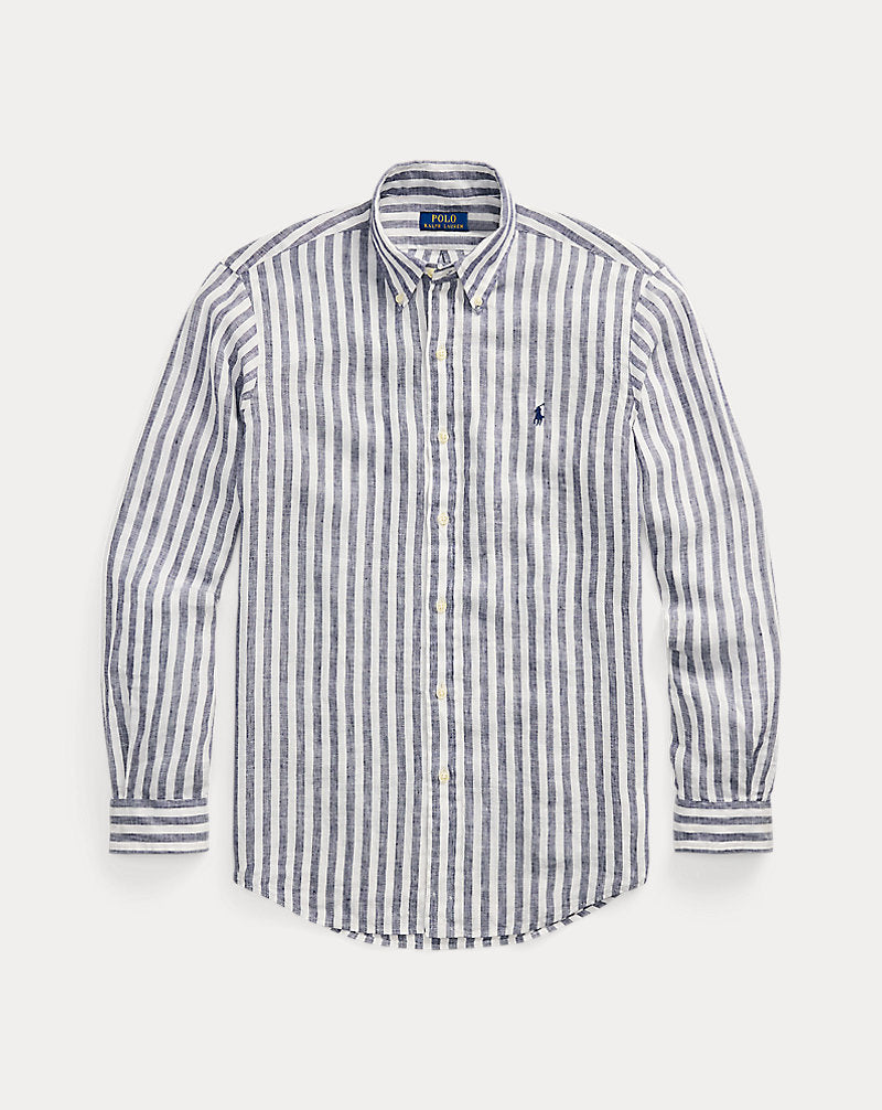 Custom Fit Striped Linen Shirt Navy/White