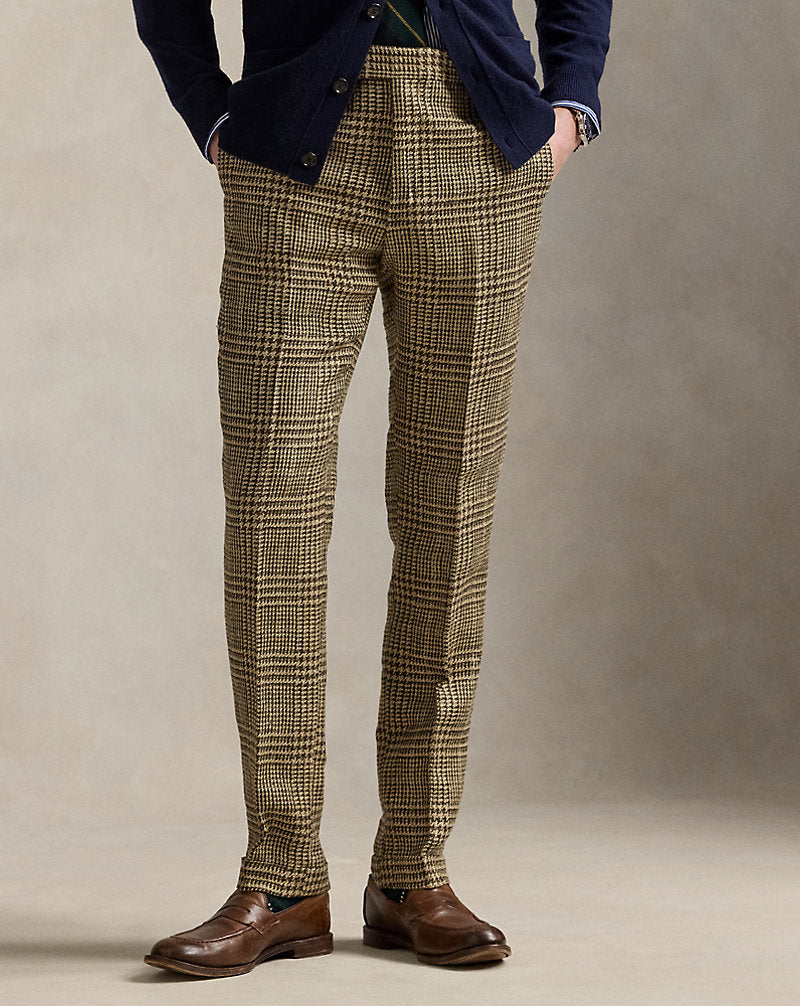 Glen Plaid Linen-Silk Suit Trouser Tan/Brown And Green Deco