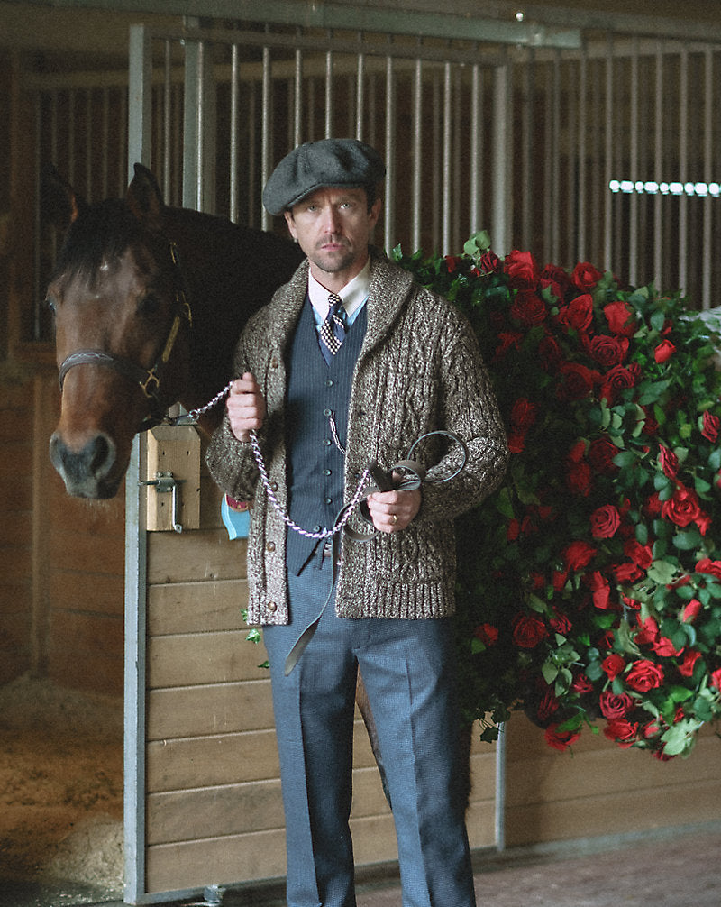 Marled Aran-Knit Shawl Cardigan Brown/Cream Marl