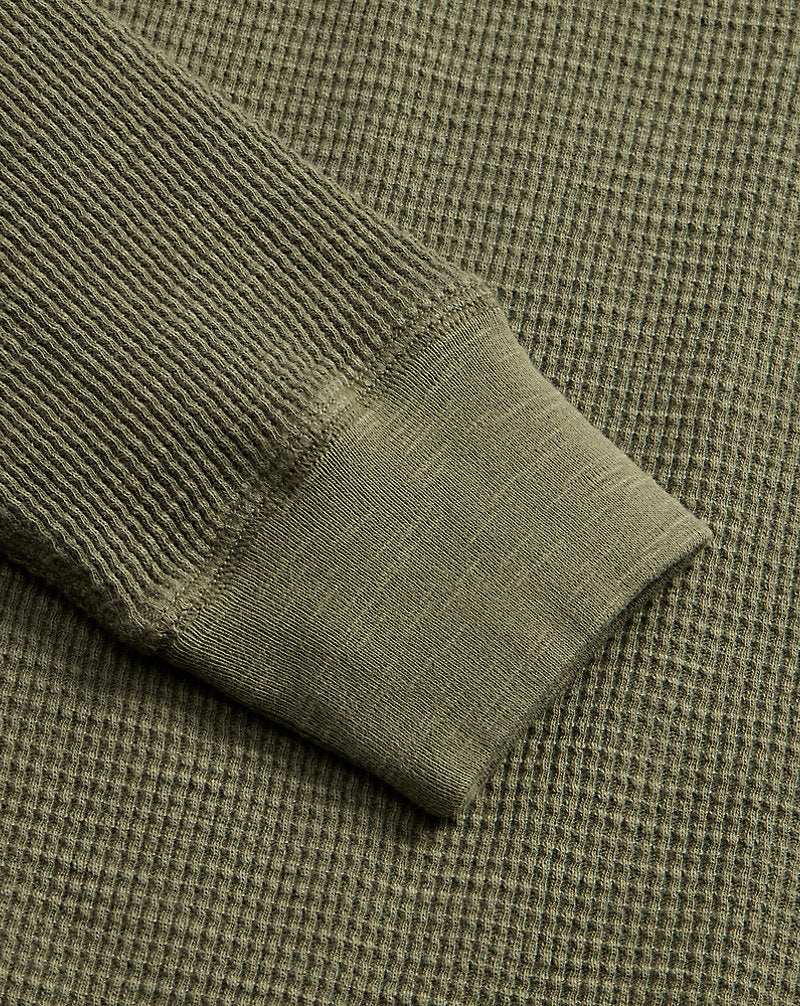 Garment-Dyed Waffle-Knit Henley Shirt Olive