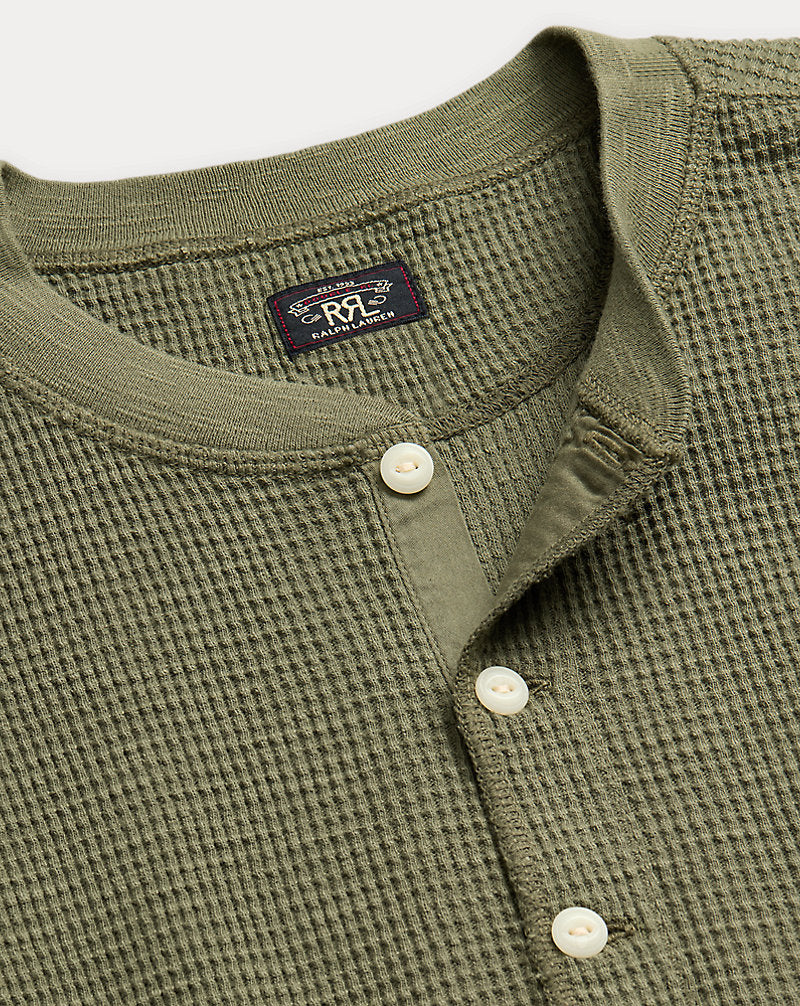 Garment-Dyed Waffle-Knit Henley Shirt Olive