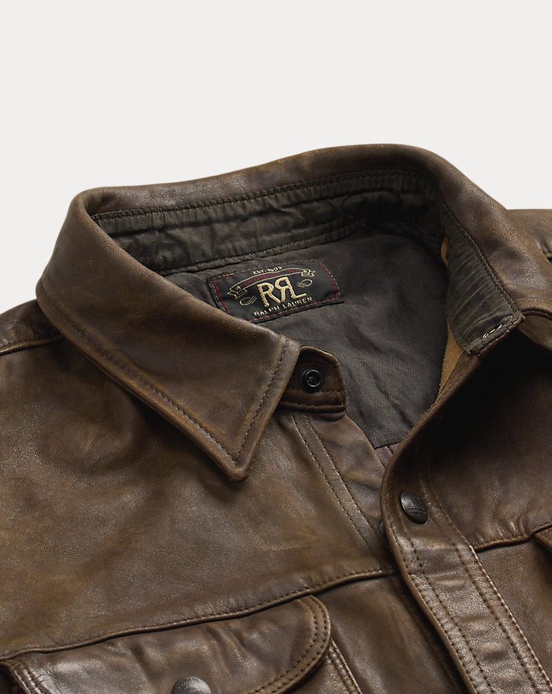 Hand-Distressed Leather Overshirt Black Over Brown