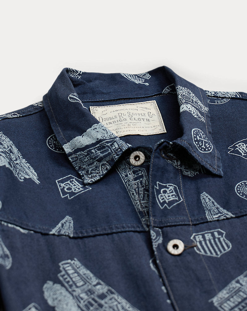 Indigo Railroad-Print Twill Jacket Indigo/White