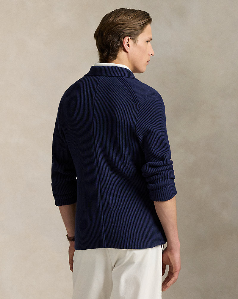 Mesh-Knit Cotton-Blend Blazer Cardigan Refined Navy