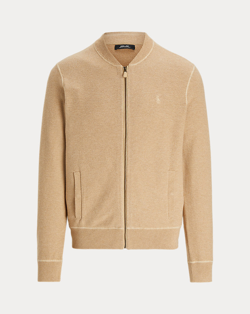 Mesh-Knit Cotton Full-Zip Jumper Camel Combo