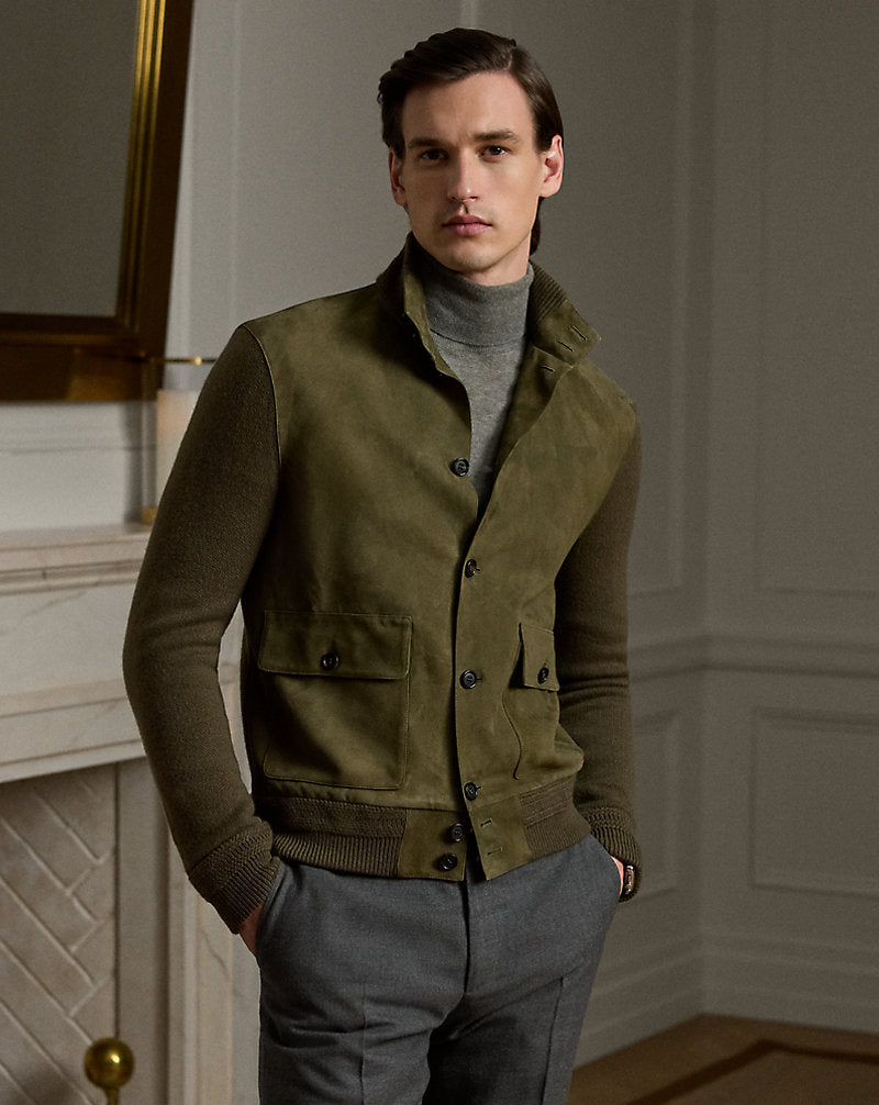 Suede-Front Cashmere Cardigan Thicket Moss Melange