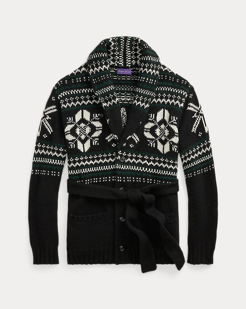 Hand-Knit Cashmere Shawl Cardigan Cls Blk W/Lux Crm&pine Gr