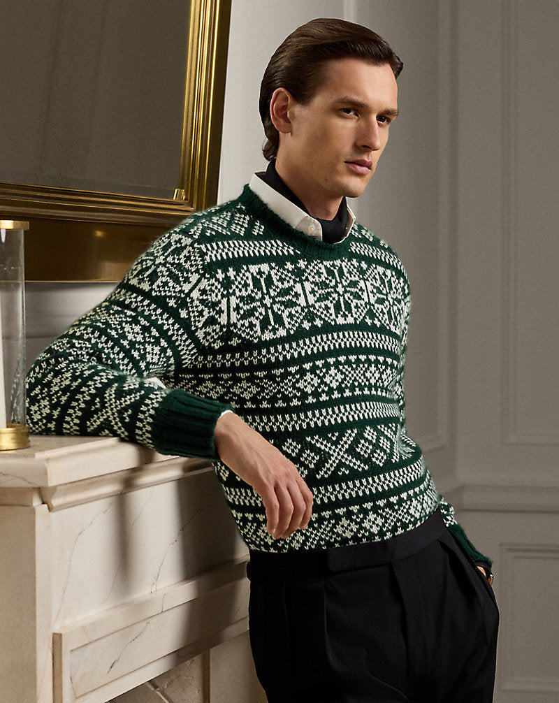 Snowflake-Patterned Cashmere Sweater Pine Grove W/ Lux Cream
