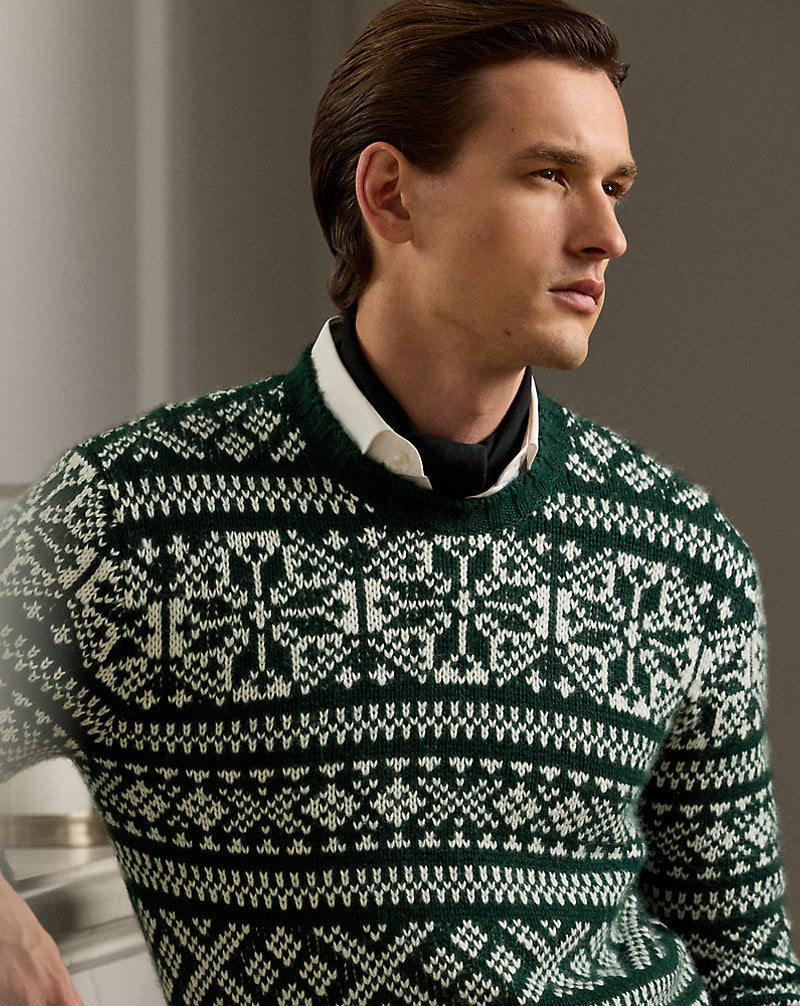 Snowflake-Patterned Cashmere Sweater Pine Grove W/ Lux Cream