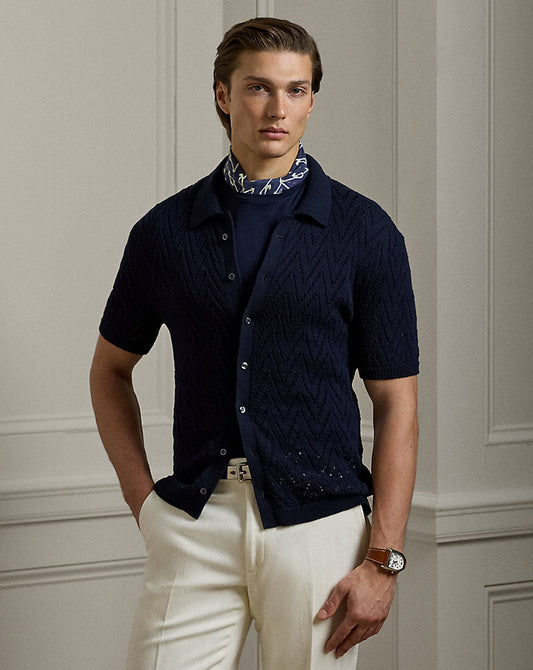 Textured Cotton Short-Sleeve Cardigan Classic Chairman Navy