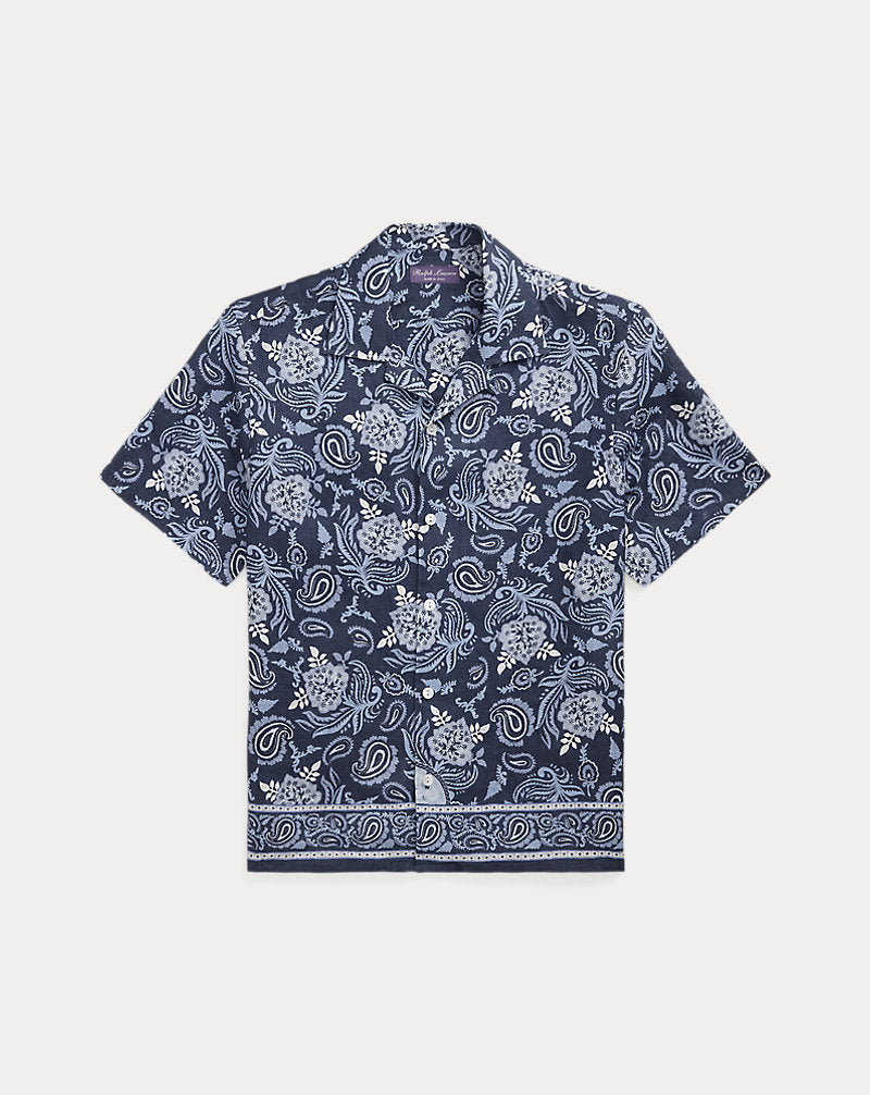 Paisley-Print Linen Camp Shirt Navy Tonal